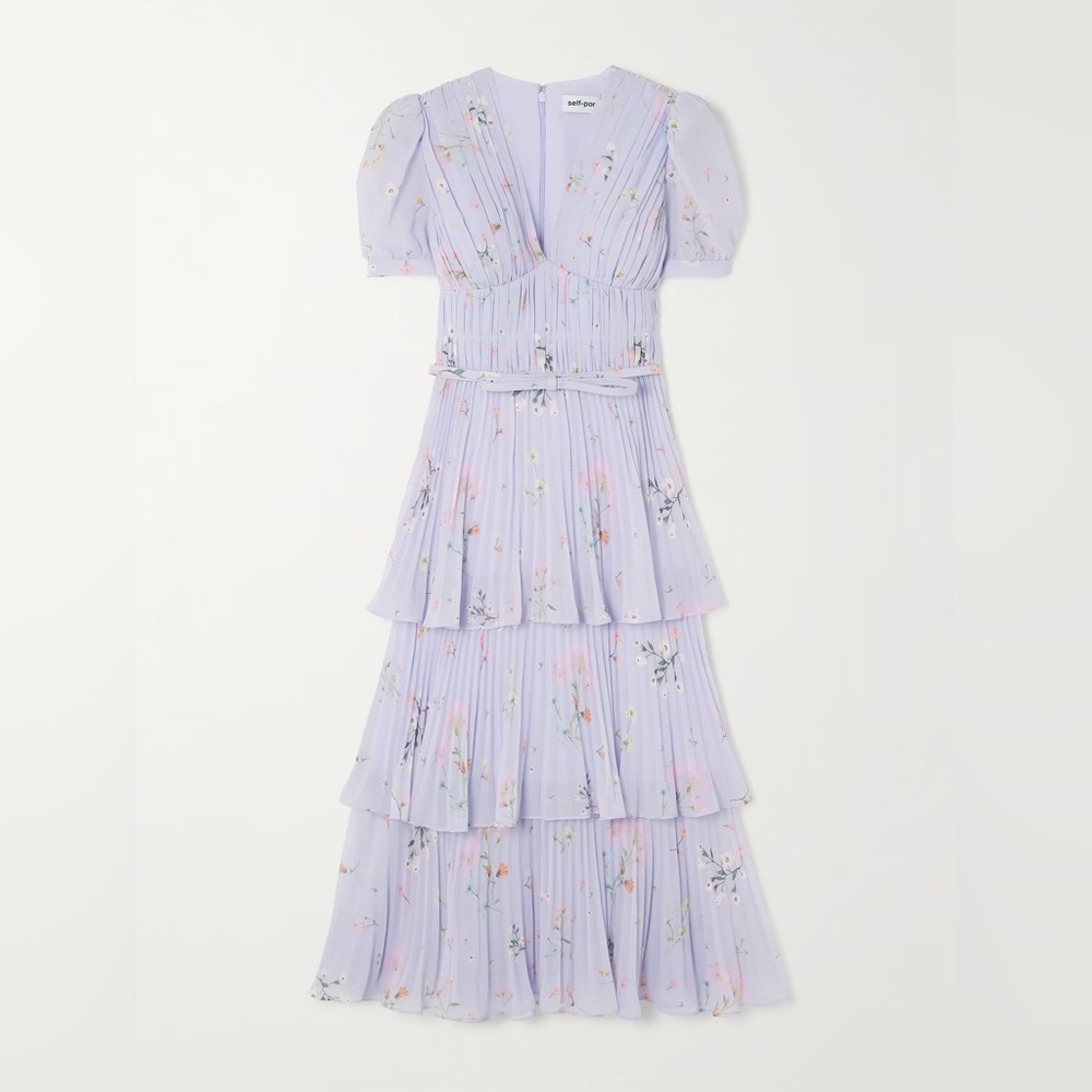 Self-Portrait Tiered Pleated Floral-Print Chiffon Midi dress in Lilac